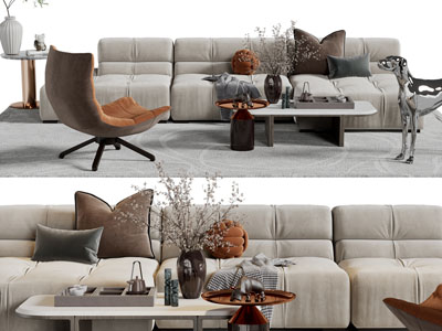 现代布艺多人沙发、休闲椅子和茶几组合