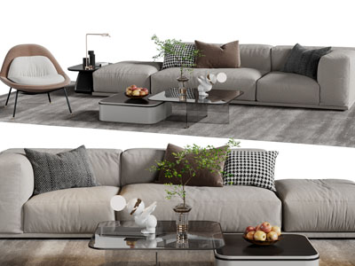 现代布艺多人沙发、休闲椅子和茶几组合