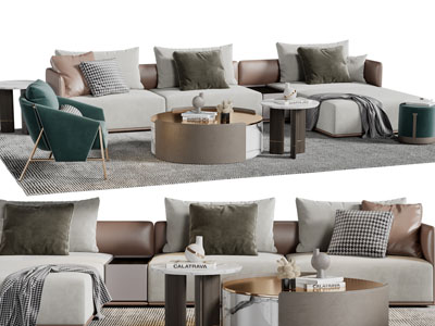 现代轻奢布艺转角多人沙发、休闲椅子和茶几组合