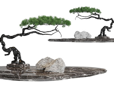 中式松树、石头盆景盆栽