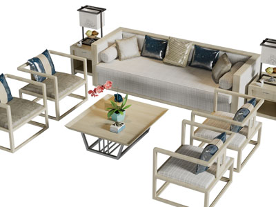 新中式多人沙发、休闲椅子和茶几组合