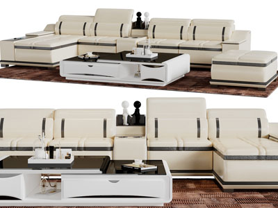 现代转角多人沙发、茶几、沙发凳组合