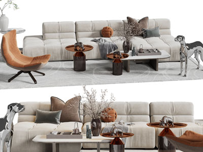 现代布艺多人沙发、休闲椅子和茶几组合