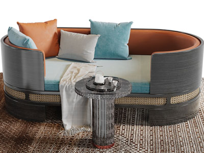 新中式沙发床、边几3d模型 新中式沙发床、边几