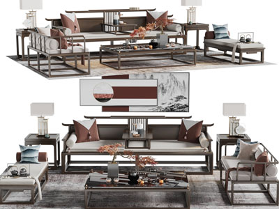 新中式罗汉床、双人沙发、沙发凳和茶几组合