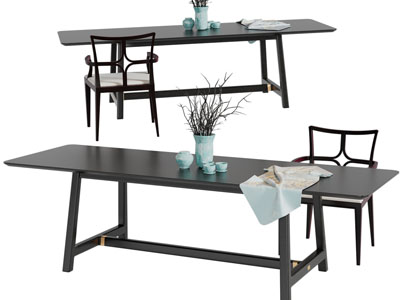 新中式长方形茶桌椅组合