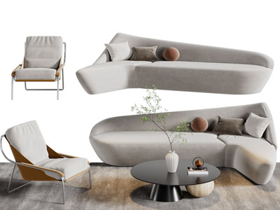 侘寂风多人沙发、休闲椅子和茶几组合