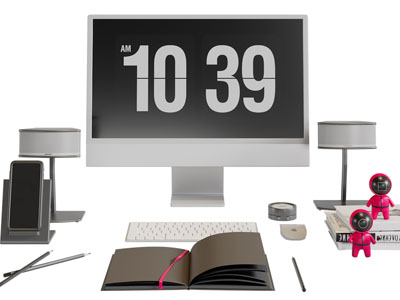 现代电脑显示屏、书本桌面摆件