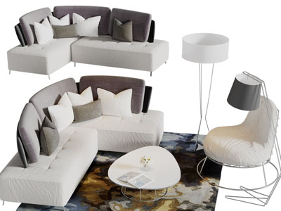 现代转角多人沙发、休闲椅子和茶几组合