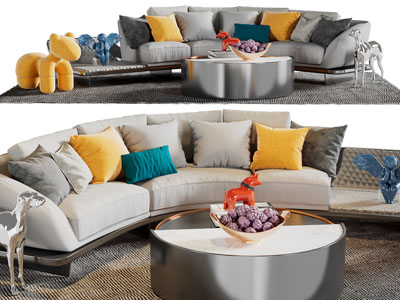 现代弧形多人沙发、茶几组合