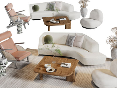 侘寂风多人沙发、休闲椅子和茶几组合