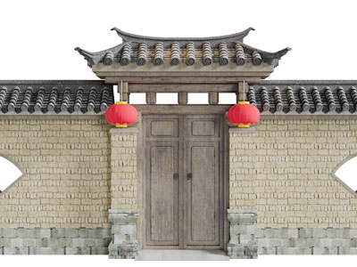 中式做旧实木大门、围墙