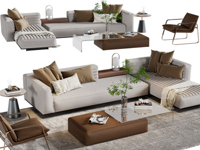 新中式多人沙发、休闲椅子和茶几组合