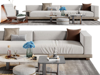 现代布艺多人沙发、茶几组合