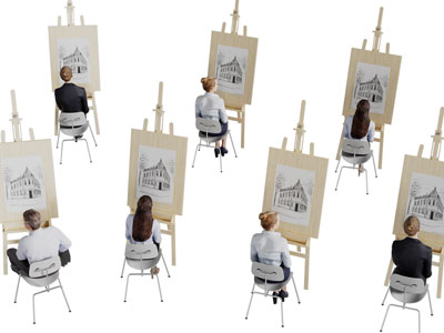 坐在画板前的多人人物3d模型 坐在画板前的多人人物