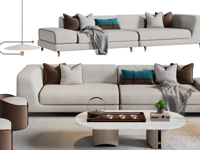 新中式多人沙发、茶几和沙发凳