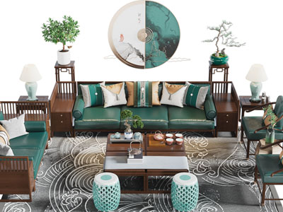 新中式实木多人、双人沙发和茶几组合