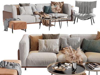 现代布艺多人沙发、休闲椅子、沙发凳和茶几组合