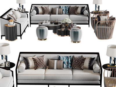 新中式多人沙发、单人沙发和茶几组合