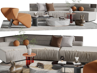 侘寂风多人沙发、休闲椅子和茶几组合