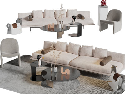 侘寂风多人沙发、休闲椅子和茶几组合