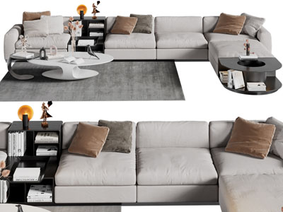 现代布艺多人沙发和茶几组合