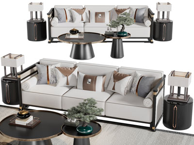 新中式多人沙发、边几茶几组合