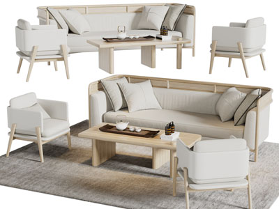 侘寂风实木多人沙发、沙发椅子和茶几组合