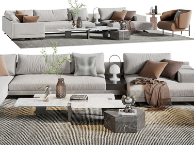 现代多人沙发、休闲沙发椅和茶几组合