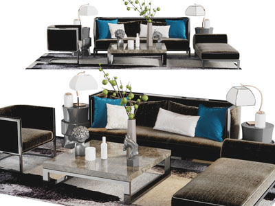 新中式多人沙发、贵妃椅和茶几组合