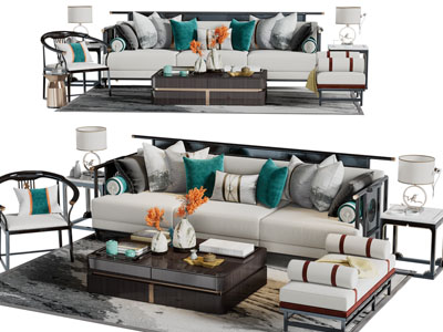 新中式多人沙发、扶手椅子和茶几组合