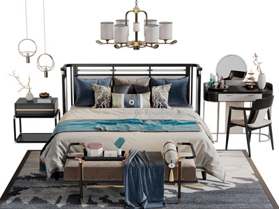 新中式双人床、床尾凳