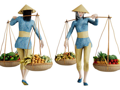 挑着蔬菜水果的农妇人物