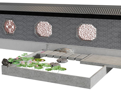 中式围墙、水池景观园艺小品