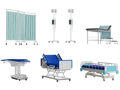 现代病床、输水掉液架、屏风医疗器械3d模型 现代病床、输水掉液架、屏风医疗器械