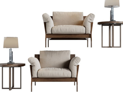 北欧实木单人沙发、边几