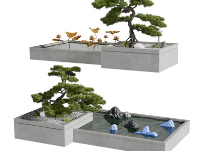 新中式松树、水池景观园艺小品