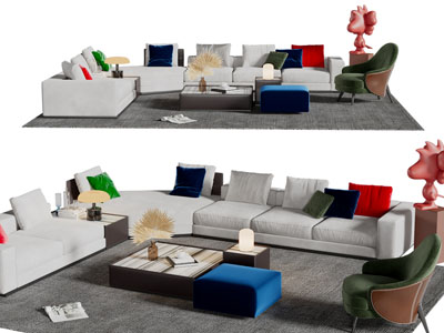 现代布艺多人沙发、休闲椅子、茶几组合