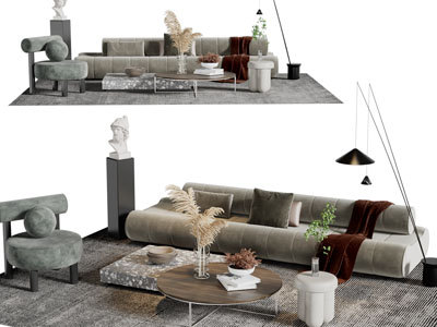 侘寂风多人沙发、休闲椅子和茶几组合