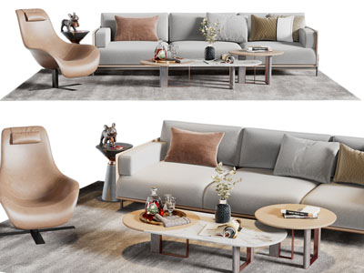 现代布艺多人沙发、休闲椅子和茶几组合