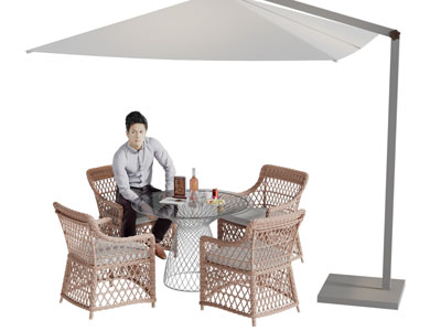 现代户外遮阳伞、藤编餐桌桌椅组合