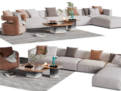 现代多人沙发、单人沙发和茶几组合