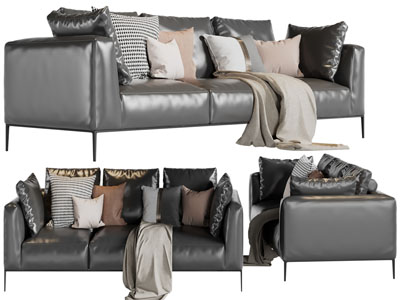 后现代真皮黑色双人沙发3d模型 后现代真皮黑色双人沙发