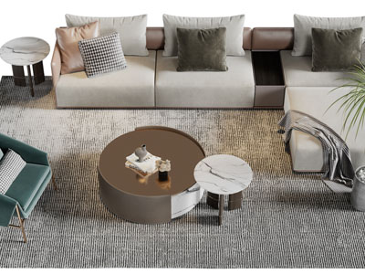 现代布艺多人沙发、休闲椅子和茶几组合