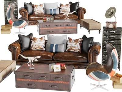 工业风双人沙发、边柜、沙发凳和茶几组合