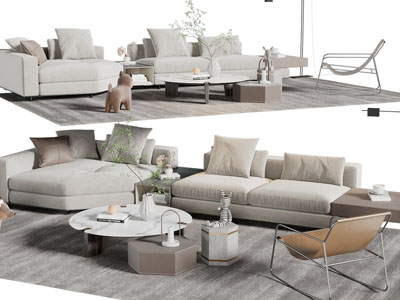 现代布艺多人沙发、休闲椅子和茶几组合
