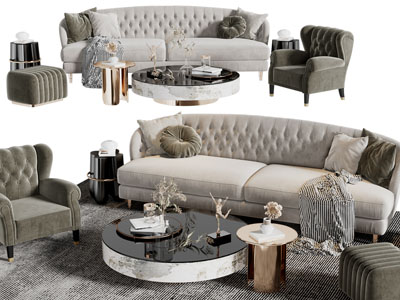 简欧布艺双人、单人沙发、沙发凳和茶几组合