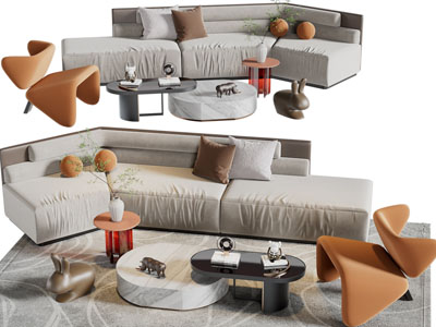 现代多人沙发、休闲椅子和茶几组合