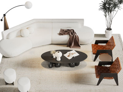 侘寂风多人沙发、休闲椅子和茶几组合