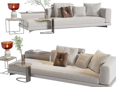 现代布艺多人沙发、边几